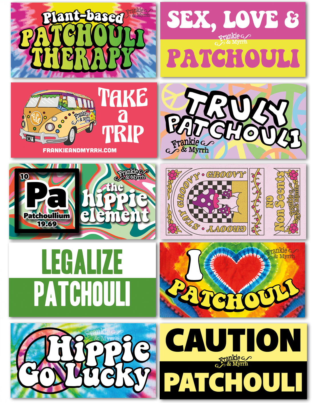 Frankie's Hippie and Patchouli Sticker Pack | Vibrant, Fun, & Quirky Decals for Personalizing Your Gear