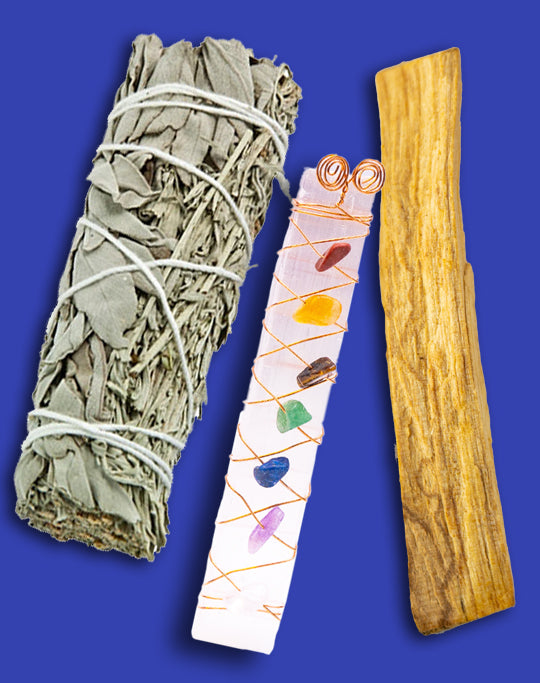 Cleansing Bundle | Selenite Chakra Stone Wand, Sage Smudge Stick & Palo Santo Stick