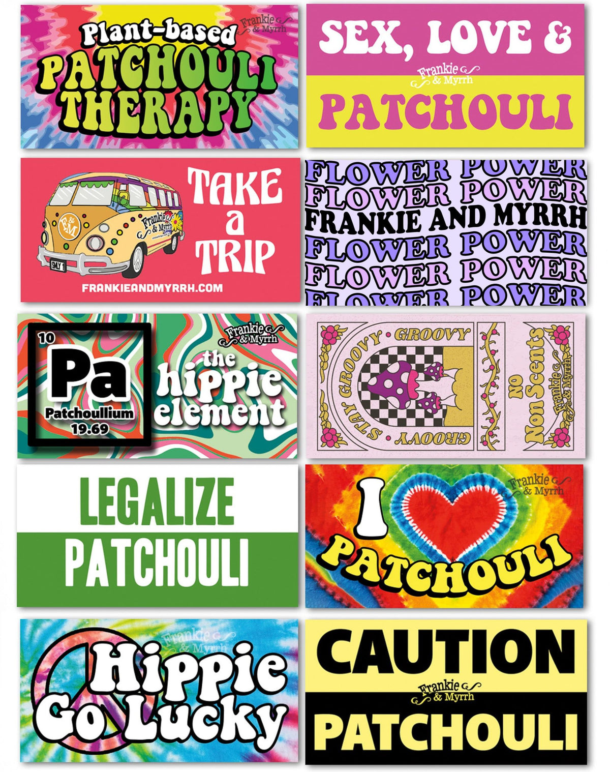 Frankie's Hippie and Patchouli Sticker Pack | Vibrant, Fun, & Quirky Decals for Personalizing Your Gear