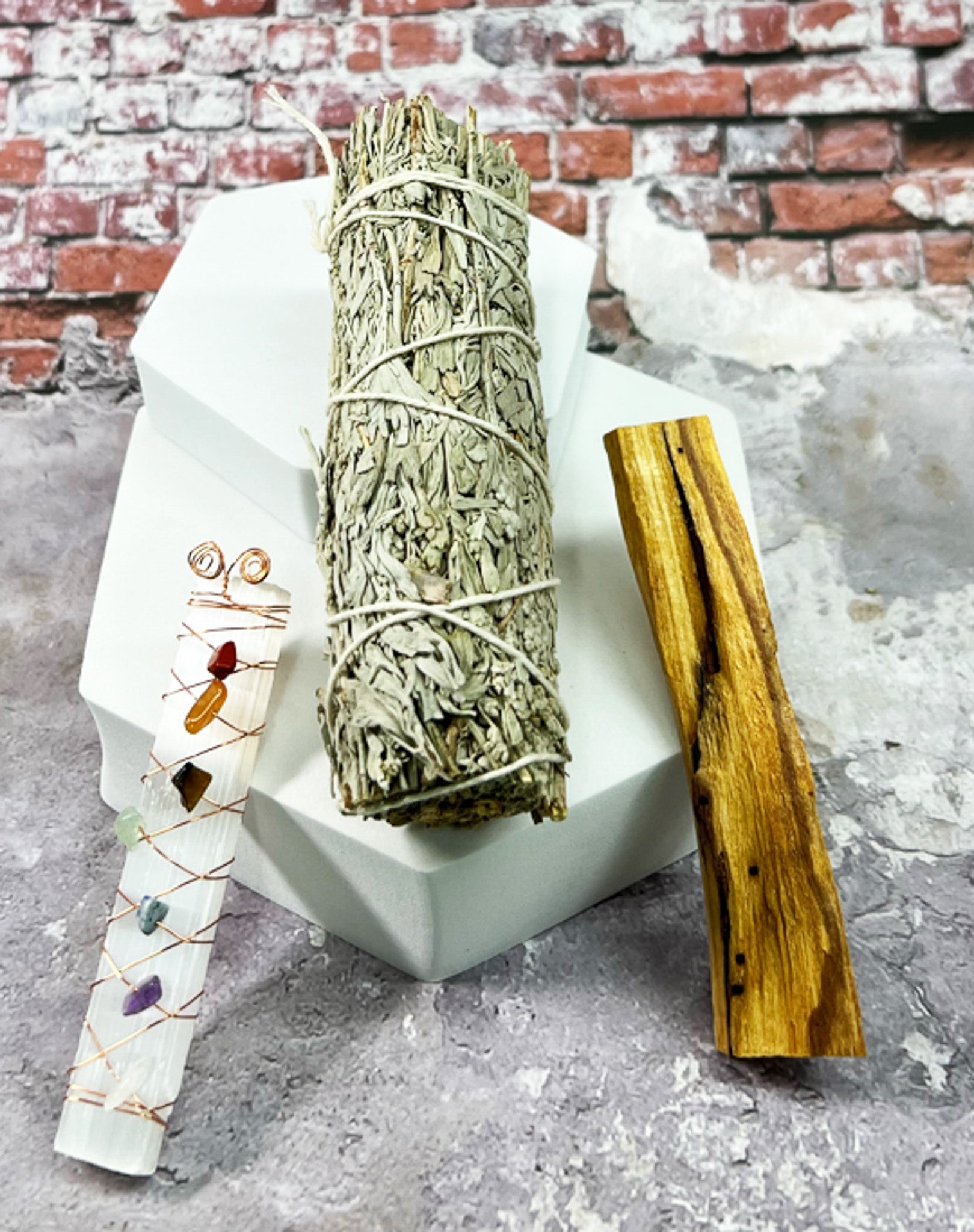 Cleansing Bundle | Selenite Chakra Stone Wand, Sage Smudge Stick & Palo Santo Stick